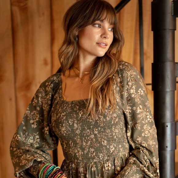 Three Bird Nest Happy Feelings Floral Long Sleeve Maxi Dress - Olive, Small - Picture 2 of 6